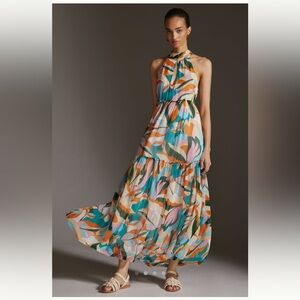 Anthropologie Maeve Keyhole Maxi Dress 70s Colorful Swirl Print 1X